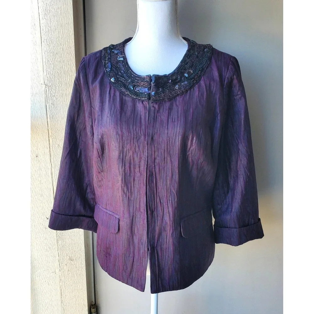 Chicos Jacket Womens Medium‎ Purple Beaded Elegant Fall Holiday Formal Lux Glam